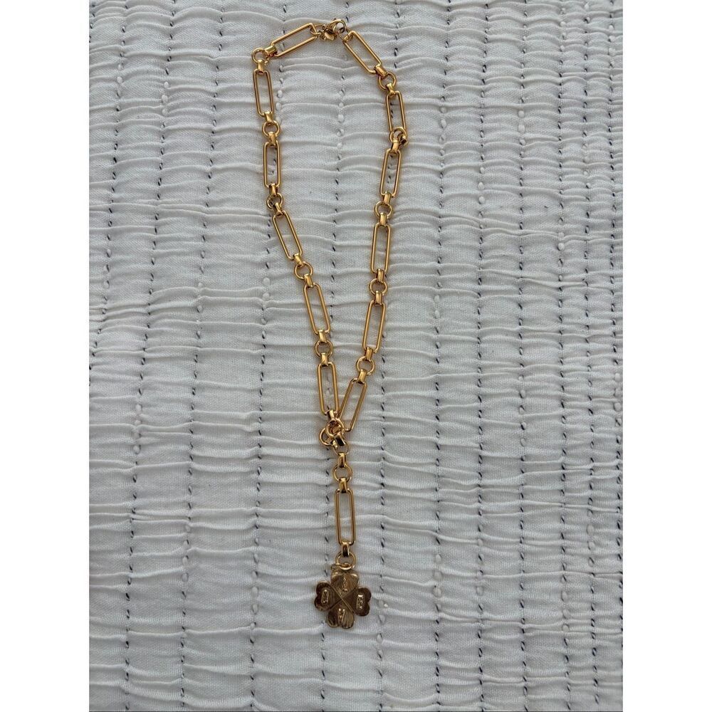 Gold Tone Paperclip Chain Necklace LOVE Four Leaf Clover Charm Statement Necklac